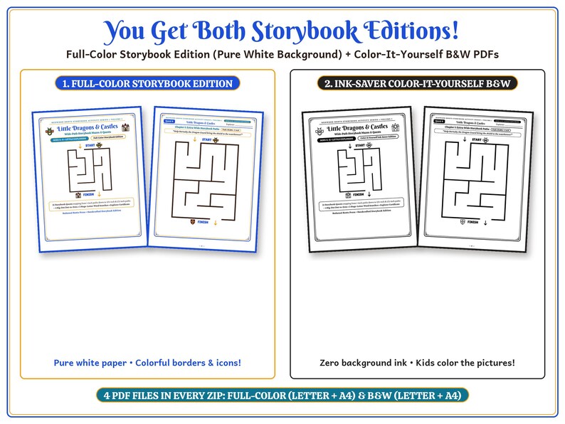 May include: A digital product set titled You Get Both Storybook Editions featuring two full-color maze activity pages and two black and white ink-saver maze pages. The documents include the text Little Dragons & Castles and 4 PDF files.