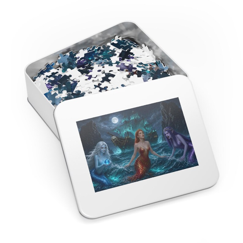 Phantom Galleon and Sirens Reef Jigsaw Puzzle in Collectors Tin (500 and 1000 Piece) - Dark Fantasy Ghost Ship and Mermaids - Redwood Roots image 3