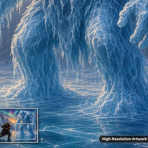 May include: A digital artwork print featuring a massive, towering creature composed entirely of translucent blue ice and jagged frost formations, standing on a frozen, cracked surface with visible icicles hanging from its limbs.