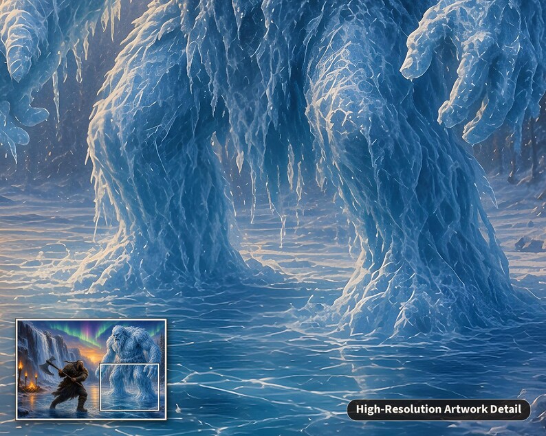 May include: A digital artwork print featuring a massive, towering creature composed entirely of translucent blue ice and jagged frost formations, standing on a frozen, cracked surface with visible icicles hanging from its limbs.