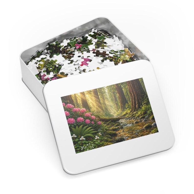 Cathedral of the Redwoods and Rhododendron Bloom Jigsaw Puzzle in Collectors Tin (500 and 1000 Piece) - Forest Sunbeams - Redwood Roots image 3