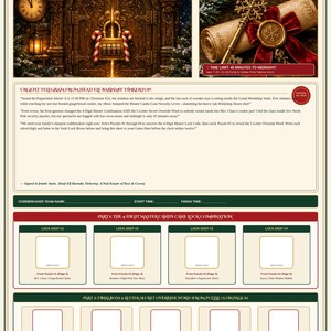 May include: A printable escape room game sheet titled The North Pole Workshop Lockout. It features a combination lock image, a gold key, a telegram from Head Elf Barnaby Tinkertop, and blank boxes for a 4-digit code and 5-letter override word.