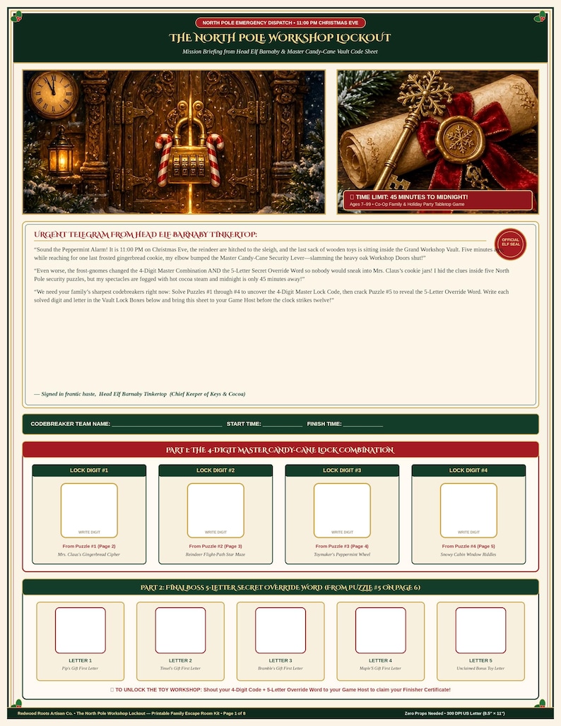 May include: A printable escape room game sheet titled The North Pole Workshop Lockout. It features a combination lock image, a gold key, a telegram from Head Elf Barnaby Tinkertop, and blank boxes for a 4-digit code and 5-letter override word.
