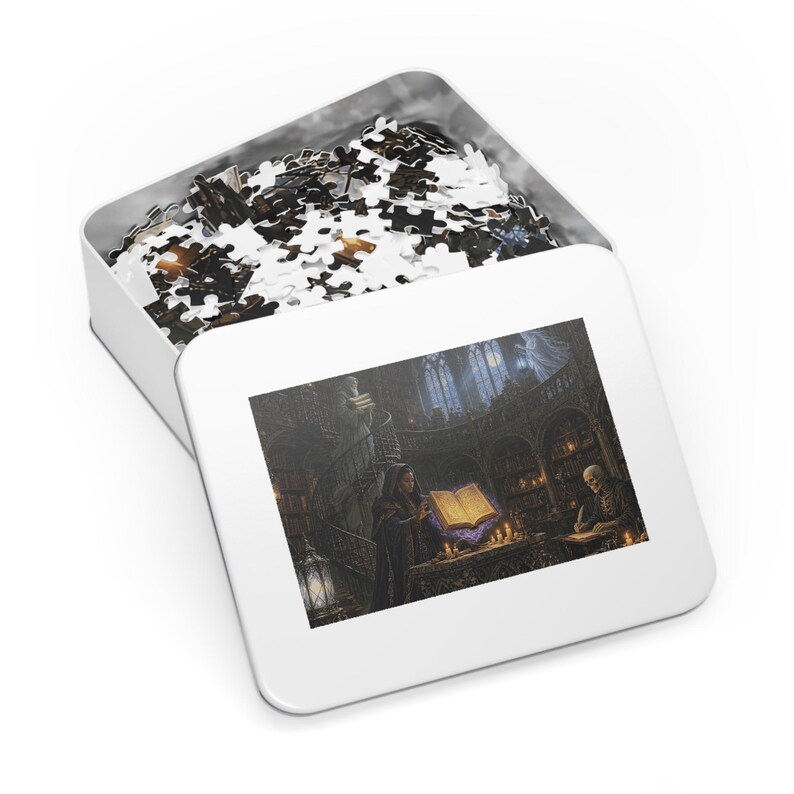 The Ossuary Library Gothic Fantasy Jigsaw Puzzle in Tin, 1000 or 500 Pieces, Gargoyles and Grimoires Dark Academia RPG Gift Bild 3