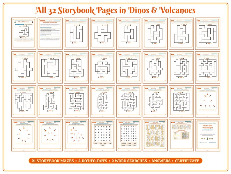 May include: A collection of 32 printable activity pages titled All 32 Storybook Pages in Dinos & Volcanoes, featuring 21 black and white mazes, 4 dot-to-dot puzzles, 2 word searches, answer keys, and a certificate on a white background.