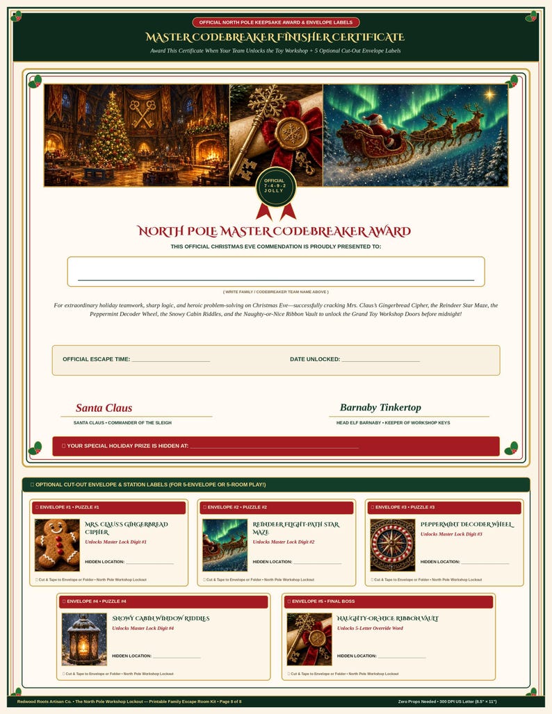 May include: A printable North Pole Master Codebreaker Award certificate featuring three festive images, a blank space for a team name, and fields for escape time and date. Includes five optional cut-out envelope labels for a holiday escape room game.