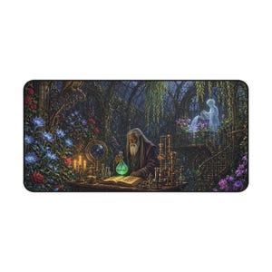 Haunted Alchemist Conservatory Gothic Fantasy Desk Mat, Large Gaming Mouse Pad, 16x32 RPG Desk Pad, Gargoyles and Grimoires image 1