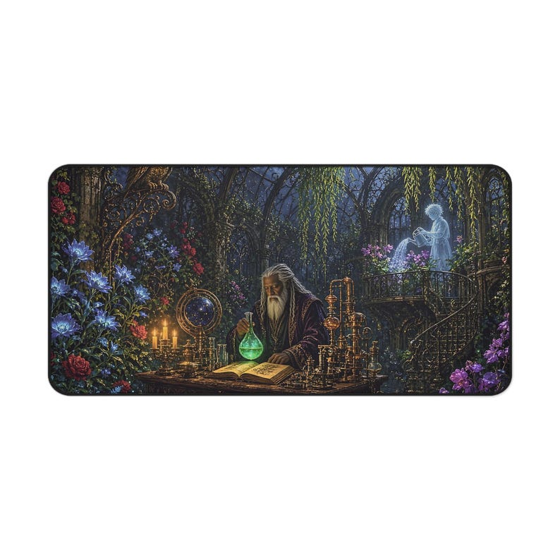 Haunted Alchemist Conservatory Gothic Fantasy Desk Mat, Large Gaming Mouse Pad, 16x32 RPG Desk Pad, Gargoyles and Grimoires image 1