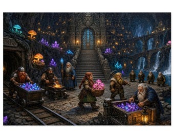 May include: A fantasy art print depicting a group of dwarves working in a stone cavern. The scene features figures with beards, mining carts filled with glowing purple crystals, baskets of mushrooms, and a large stone staircase leading to an arched doorway.