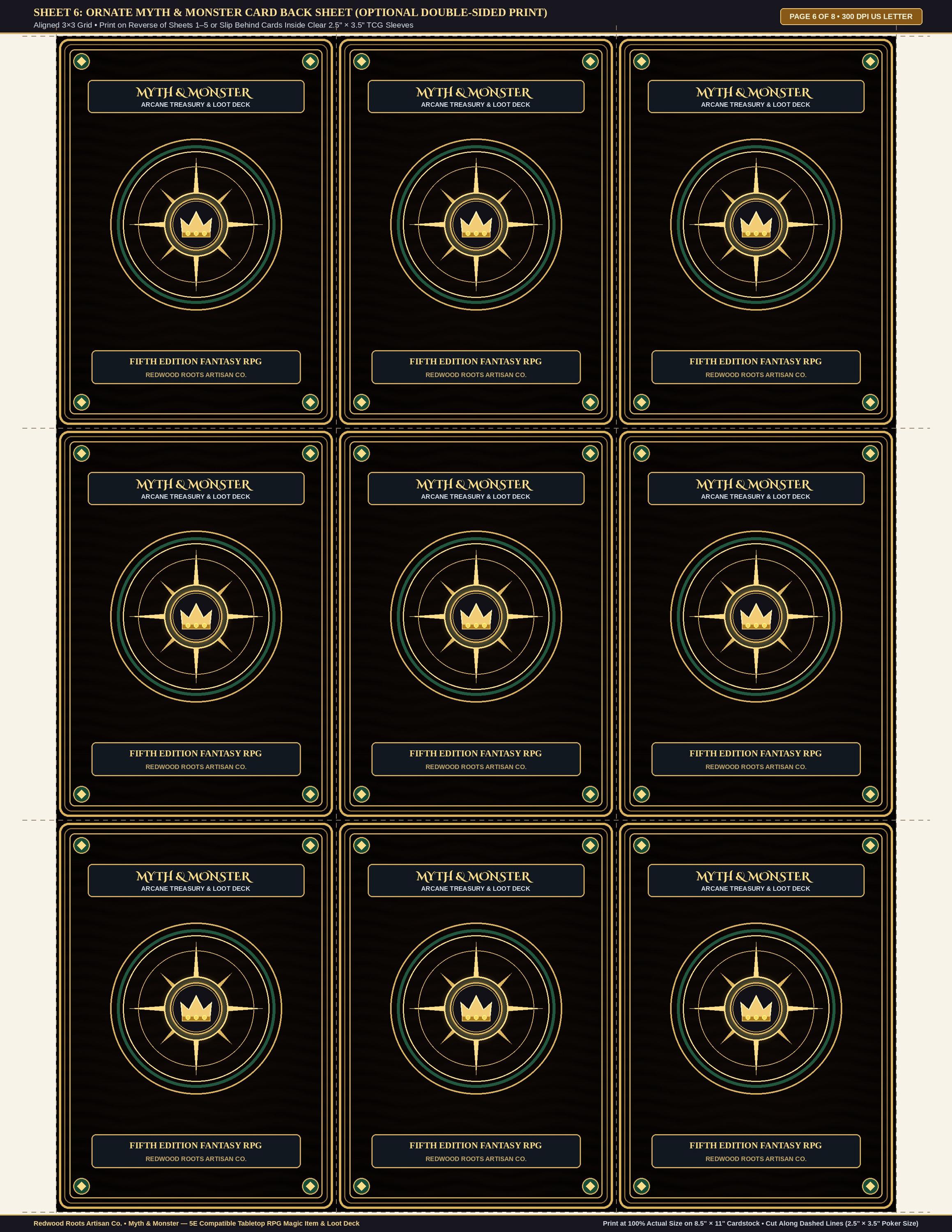 Pu&ograve; includere: Un foglio stampabile contenente nove dorsi di carte rettangolari identici con sfondo nero, disegni circolari a bussola in oro e verde, un'icona a corona centrale e il testo Myth & Monster Arcane Treasury & Loot Deck.