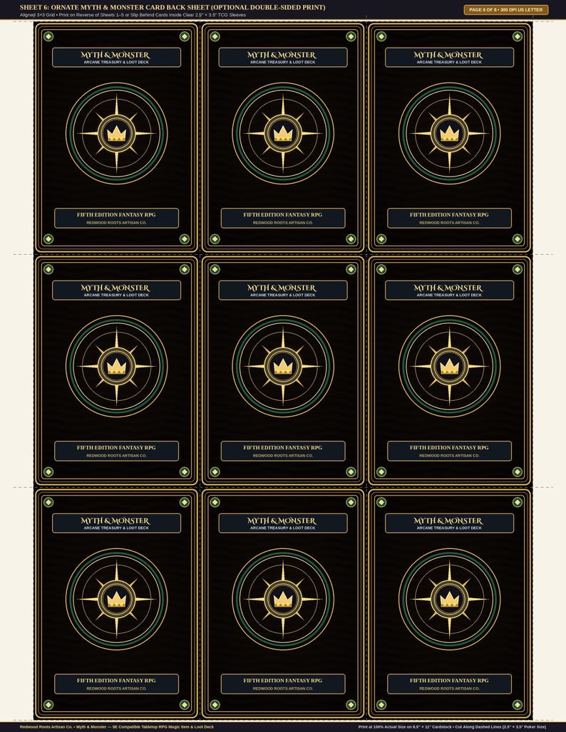 Pu&ograve; includere: Un foglio stampabile contenente nove dorsi di carte rettangolari identici con sfondo nero, disegni circolari a bussola in oro e verde, un'icona a corona centrale e il testo Myth & Monster Arcane Treasury & Loot Deck.