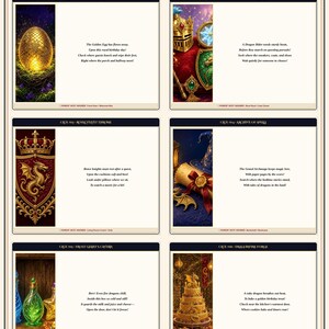 May include: A printable treasure hunt kit titled Dragon Quest Treasure Hunt Clues, featuring six rhyming clue cards with fantasy illustrations including a golden egg, knight armour, a dragon crest, a scroll, potion bottles, and a cake.