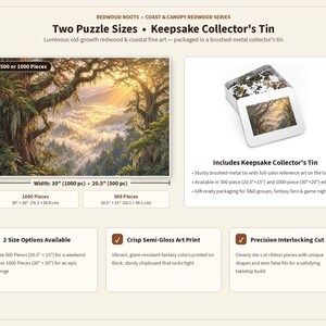 May include: A Redwood Roots Coast & Canopy jigsaw puzzle featuring a forest landscape with sunbeams over clouds. Includes a brushed-metal collector's tin. Available in 500 pieces at 20.5 by 15 inches or 1000 pieces at 30 by 20 inches.