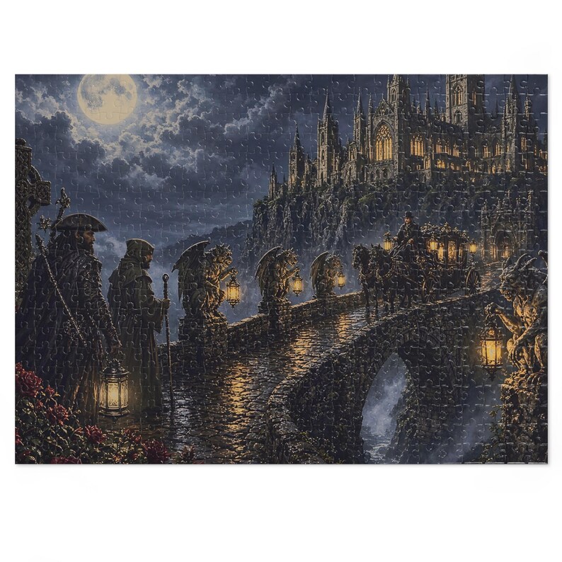 Gargoyle Bridge and Old Abbey Gothic Fantasy Jigsaw Puzzle in Tin, 1000 or 500 Pieces, Gargoyles and Grimoires RPG Gift image 4