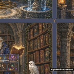 Op de afbeelding: Een gedetailleerde fantasy-illustratie met een bebaarde tovenaar in een blauwe mantel die een gloeiend boek leest, een witte uil zittend bij een hoge houten boekenplank vol antieke boeken, en stenen bogen met hangende lantaarns en flessen.