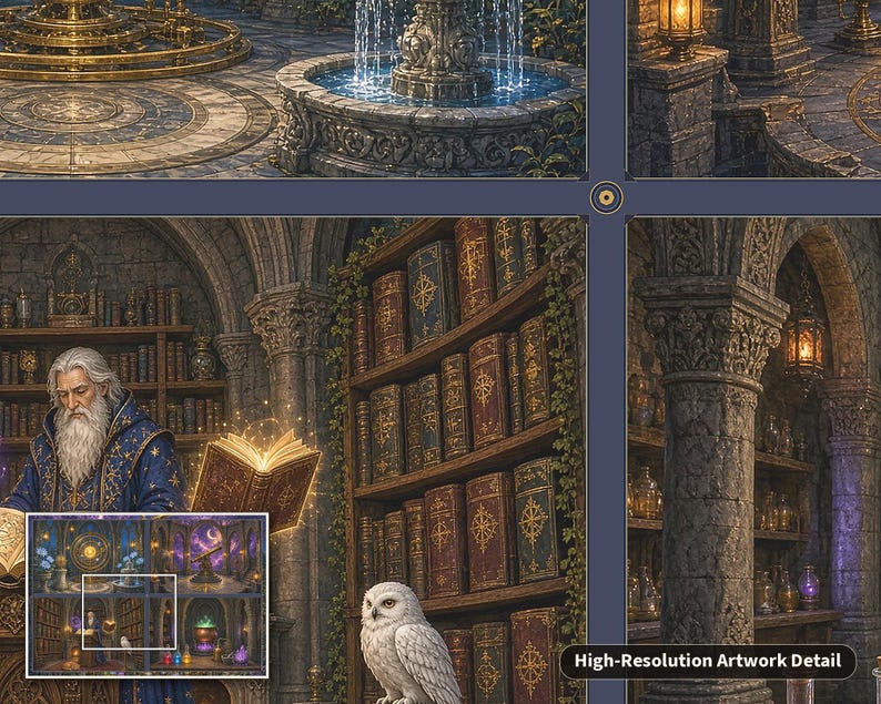 Op de afbeelding: Een gedetailleerde fantasy-illustratie met een bebaarde tovenaar in een blauwe mantel die een gloeiend boek leest, een witte uil zittend bij een hoge houten boekenplank vol antieke boeken, en stenen bogen met hangende lantaarns en flessen.
