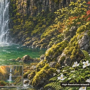 May include: A detailed landscape painting featuring a waterfall cascading over dark, moss-covered rocks into a clear green pool. In the foreground, white flowers bloom among green ferns. An inset shows the full scene with a stone bridge.