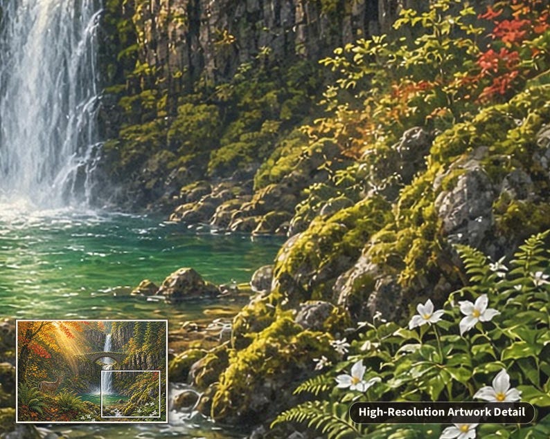 May include: A detailed landscape painting featuring a waterfall cascading over dark, moss-covered rocks into a clear green pool. In the foreground, white flowers bloom among green ferns. An inset shows the full scene with a stone bridge.