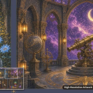 Op de afbeelding: Een digitale illustratie van een observatorium met een koperen telescoop op een stenen voetstuk, een hemelglobe en een fontein met blauwe bloemen. De sc&egrave;ne bevat stenen zuilen met bogen, gloeiende lantaarns en een nachtelijke hemel.