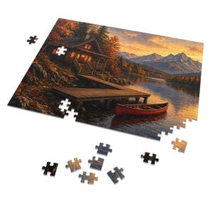 Cozy Cottage Seasons Lakeside Cabin Jigsaw Puzzle, Mountain Lake, Tin Box (252 Pieces) image 2