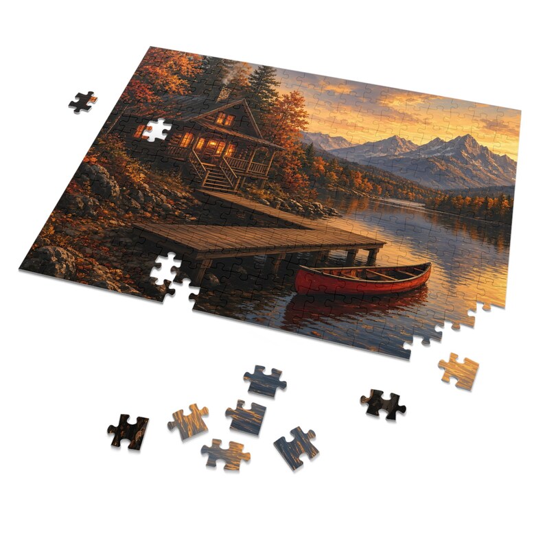 Cozy Cottage Seasons Lakeside Cabin Jigsaw Puzzle, Mountain Lake, Tin Box (252 Pieces) image 2