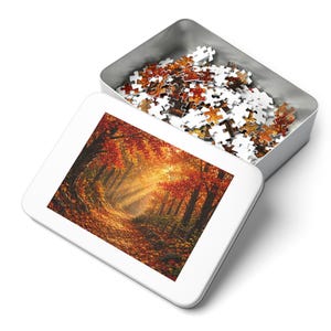 Cozy Cottage Seasons Golden Forest Path Jigsaw Puzzle, Autumn Woods, Tin Box (252 Pieces) image 3