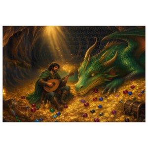 Dragon's Lullaby Fantasy Jigsaw Puzzle in Tin, 1000 or 500 Pieces, Sleeping Dragon and Bard RPG Gamer Gift