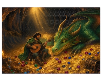 Dragon's Lullaby Fantasy Jigsaw Puzzle in Tin, 1000 or 500 Pieces, Sleeping Dragon and Bard RPG Gamer Gift