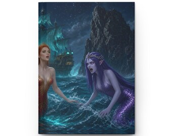 May include: A hardcover journal featuring a fantasy illustration of two mermaids in a dark ocean at night. One mermaid has red hair and a gold tail, while the other has purple hair, a purple tail, and a crown. A large ship sails in the background.