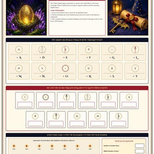 May include: A printable party game sheet titled The Dragon Egg Rune Cipher featuring a golden egg illustration, a rune translation key with twelve symbols, a secret spell decoding section, and a bonus mini-game for counting royal relics.