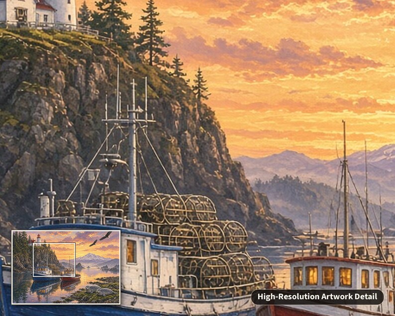 May include: A detailed painting of a blue fishing boat loaded with stacked lobster traps, positioned near a rocky cliffside topped with a lighthouse. The scene features a vibrant orange sunset sky, distant mountains, and calm water.