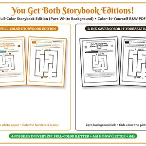 May include: A digital download set featuring Cozy Thanksgiving Harvest & Woodland Feast storybook pages. Includes two full-color versions with white backgrounds and two black and white ink-saver versions for coloring, all in letter and A4 sizes.
