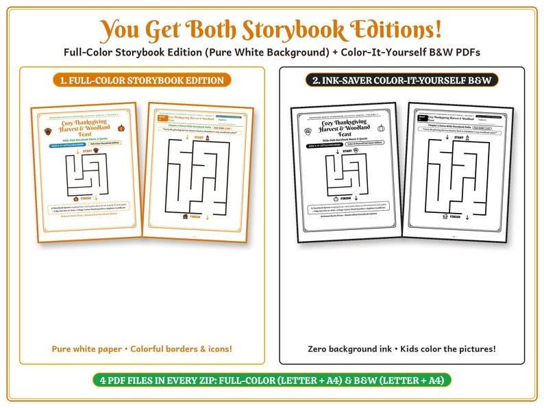 May include: A digital download set featuring Cozy Thanksgiving Harvest & Woodland Feast storybook pages. Includes two full-color versions with white backgrounds and two black and white ink-saver versions for coloring, all in letter and A4 sizes.