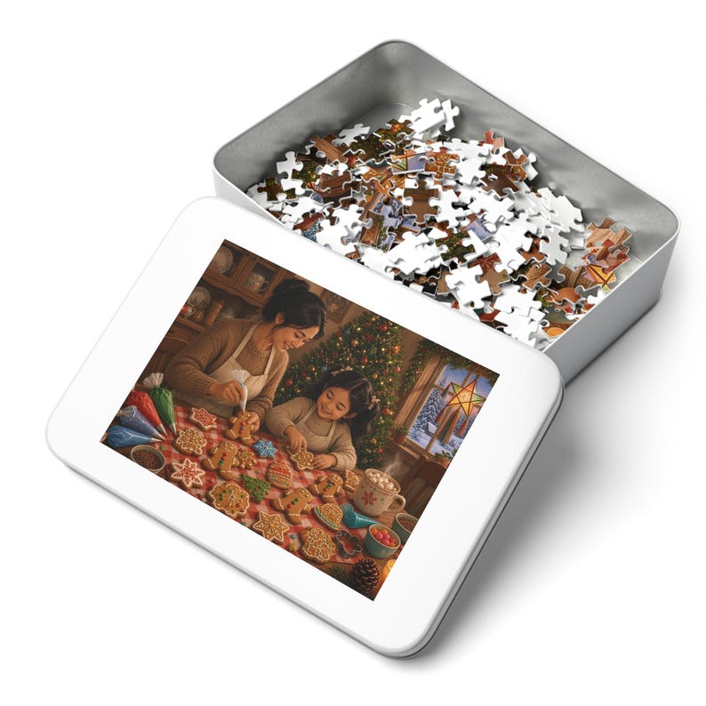 Christmas Cookies Decorating Table Jigsaw Puzzle, Mom and Daughter Gingerbread, Tin Box (252 Pieces) Bild 3