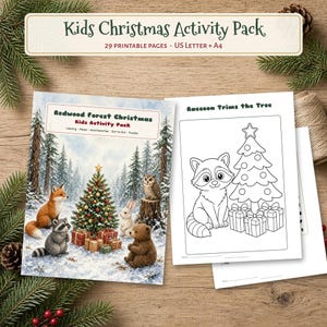 Weihnachtsaktivitätenpaket für Kinder zum Ausdrucken: Waldmotive, Malvorlagen, Labyrinthe, Wortsuche, Punkt-zu-Punkt-Bilder, Rätsel mit Lösungsblättern