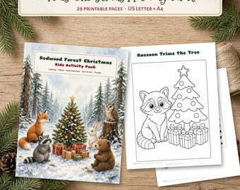 Pacchetto di attività natalizie stampabili per bambini: pagine da colorare a tema bosco, labirinti, cruciverba, unisci i puntini, puzzle con soluzioni.