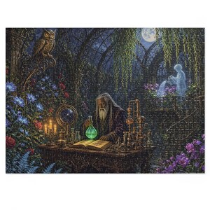 Haunted Alchemist Conservatory Gothic Fantasy Jigsaw Puzzle in Tin, 1000 or 500 Pieces, Gargoyles and Grimoires RPG Gift image 4