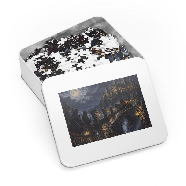 Gargoyle Bridge and Old Abbey Gothic Fantasy Jigsaw Puzzle in Tin, 1000 or 500 Pieces, Gargoyles and Grimoires RPG Gift image 3