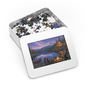 Cascade Mountain Stargazer A-Frame Cabin Jigsaw Puzzle in Gift Tin, 1000 or 500 Pieces, Pacific Northwest Lake Campfire Gift image 3