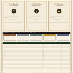 Pu&ograve; includere: Una scheda personaggio per giochi di ruolo da tavolo color beige intitolata Adventurer Attunement & Treasure Tracker. Presenta tre slot di sintonia con icone, un tracciatore di tesori per monete e una griglia per l'inventario.