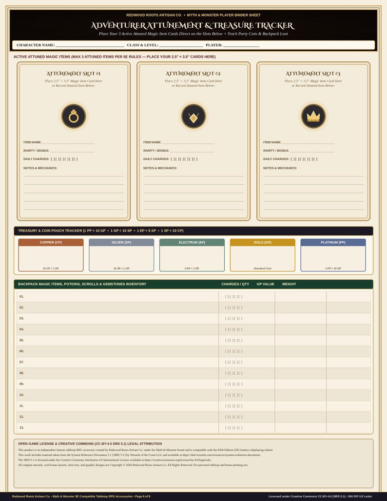 Pu&ograve; includere: Una scheda personaggio per giochi di ruolo da tavolo color beige intitolata Adventurer Attunement & Treasure Tracker. Presenta tre slot di sintonia con icone, un tracciatore di tesori per monete e una griglia per l'inventario.