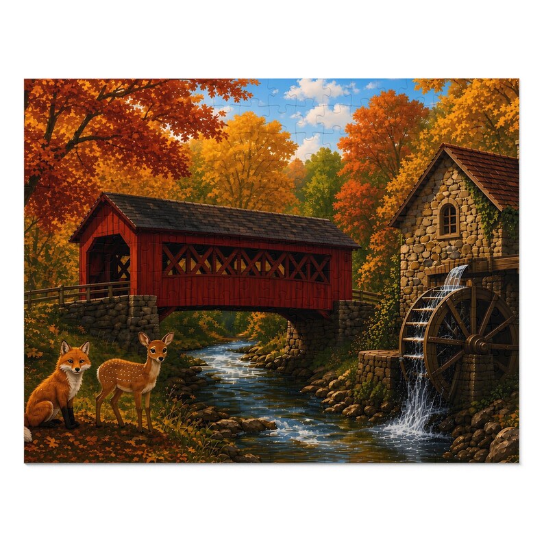 Cozy Cottage Seasons Autumn Bridge Jigsaw Puzzle, Covered Bridge Mill, Tin Box (252 Pieces) imagen 1