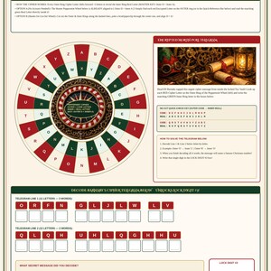 May include: A printable puzzle sheet titled The Peppermint Cipher Decoder Wheel featuring a red and green circular cipher wheel, instructions for decoding a North Pole telegram, and blank boxes for solving a secret message to unlock a digit.
