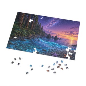 Moonlit Redwood Headland and Bioluminescent Cove Jigsaw Puzzle in Collectors Tin (500 and 1000 Piece) - Starry Coast Art - Redwood Roots image 2