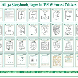 Op de afbeelding: Een verzameling van 32 printbare activiteitenpagina's getiteld All 32 Storybook Pages in PNW Forest Critters, met 21 zwart-wit doolhoven, 4 punt-tot-punt puzzels, 2 woordzoekers, antwoordsleutels en een certificaat van voltooiing.