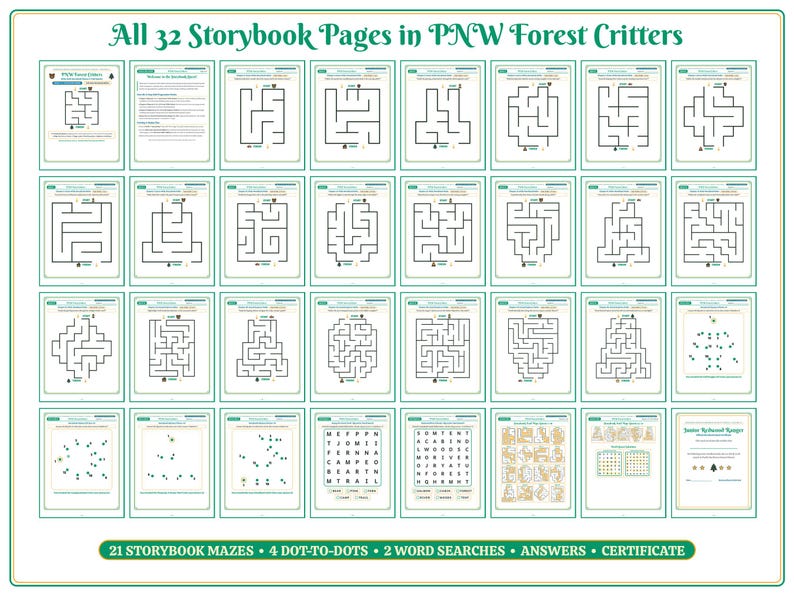 Op de afbeelding: Een verzameling van 32 printbare activiteitenpagina's getiteld All 32 Storybook Pages in PNW Forest Critters, met 21 zwart-wit doolhoven, 4 punt-tot-punt puzzels, 2 woordzoekers, antwoordsleutels en een certificaat van voltooiing.