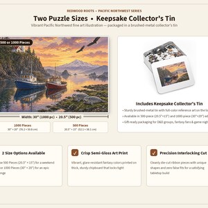 May include: A jigsaw puzzle from the Redwood Roots Pacific Northwest series featuring a coastal scene with two boats, seals, and a mountain at sunset. Includes a brushed-metal collector's tin. Available in 500 pieces (52.1 x 38.1 cm) or 1000 pieces (76.2 x 50.8 cm).