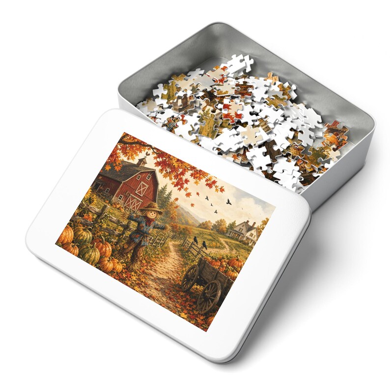 Cozy Cottage Seasons Pumpkin Patch Lane Jigsaw Puzzle, Scarecrow Farm, Tin Box (252 Pieces) image 3