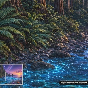 May include: A detailed artwork print featuring a lush forest shoreline with vibrant green ferns and dark rocks bordering a body of water illuminated by glowing blue bioluminescent light, with a small inset showing the full landscape scene.