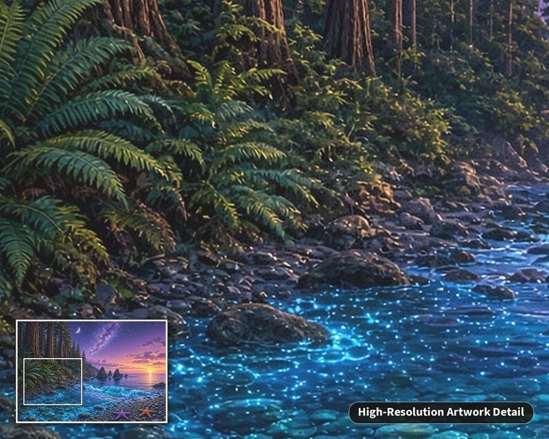 May include: A detailed artwork print featuring a lush forest shoreline with vibrant green ferns and dark rocks bordering a body of water illuminated by glowing blue bioluminescent light, with a small inset showing the full landscape scene.